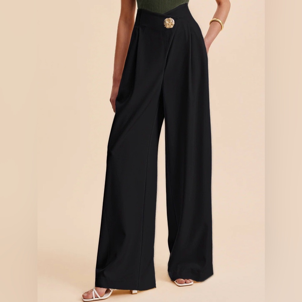 Embellished ultra high waist wide leg pant, black